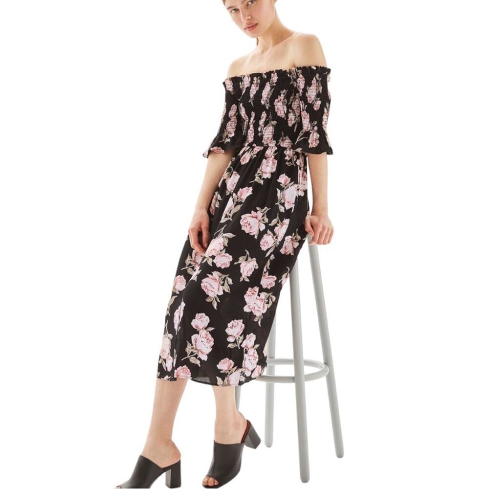 Topshop Black/Pink Floral Smock Top Midi Dress 4